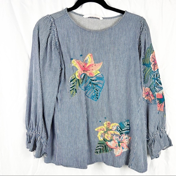 Zara Tops - Zara Trafuluc Denimwear Embroidered Striped Top Size Small